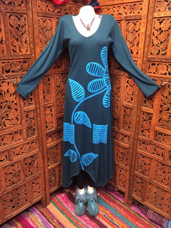 Soft Stretch Winter Weight Long Line Stretch Jersey Dress Medium/large Uk  14/16 Sea Blue Slash and Shred Bohemian Flower Appliqu Design - Etsy