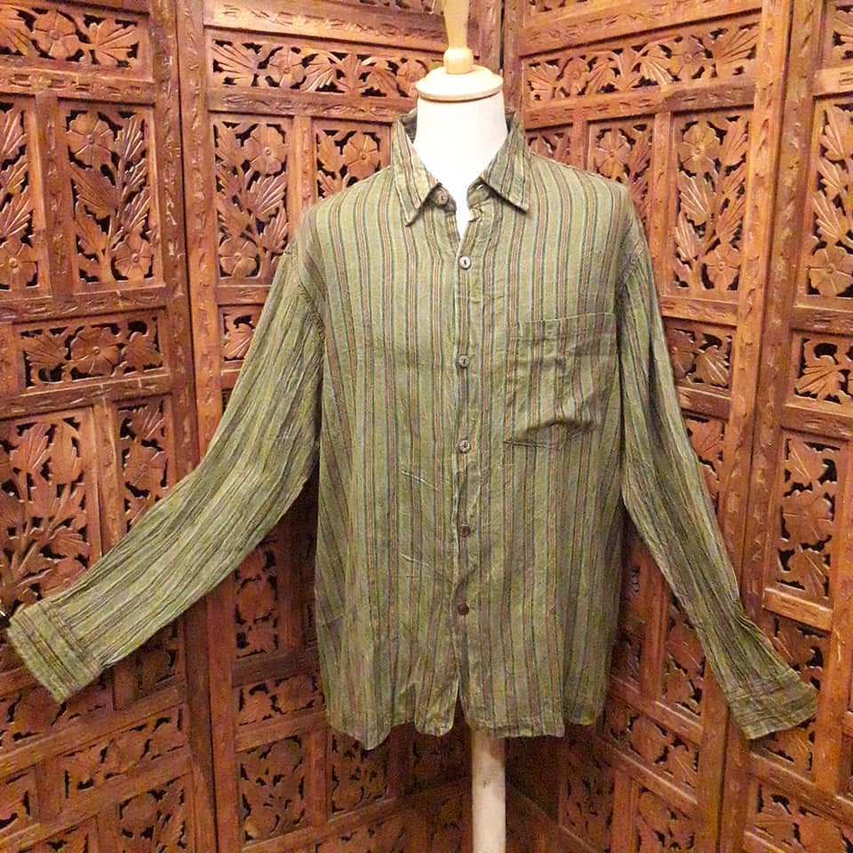 Image of Mens Fully Button Through Classic Nepalese Stripe 100% Cotton Shirt With Collar Hippy Unisex Bohemian Festival Sizes S/M To Xxl Green