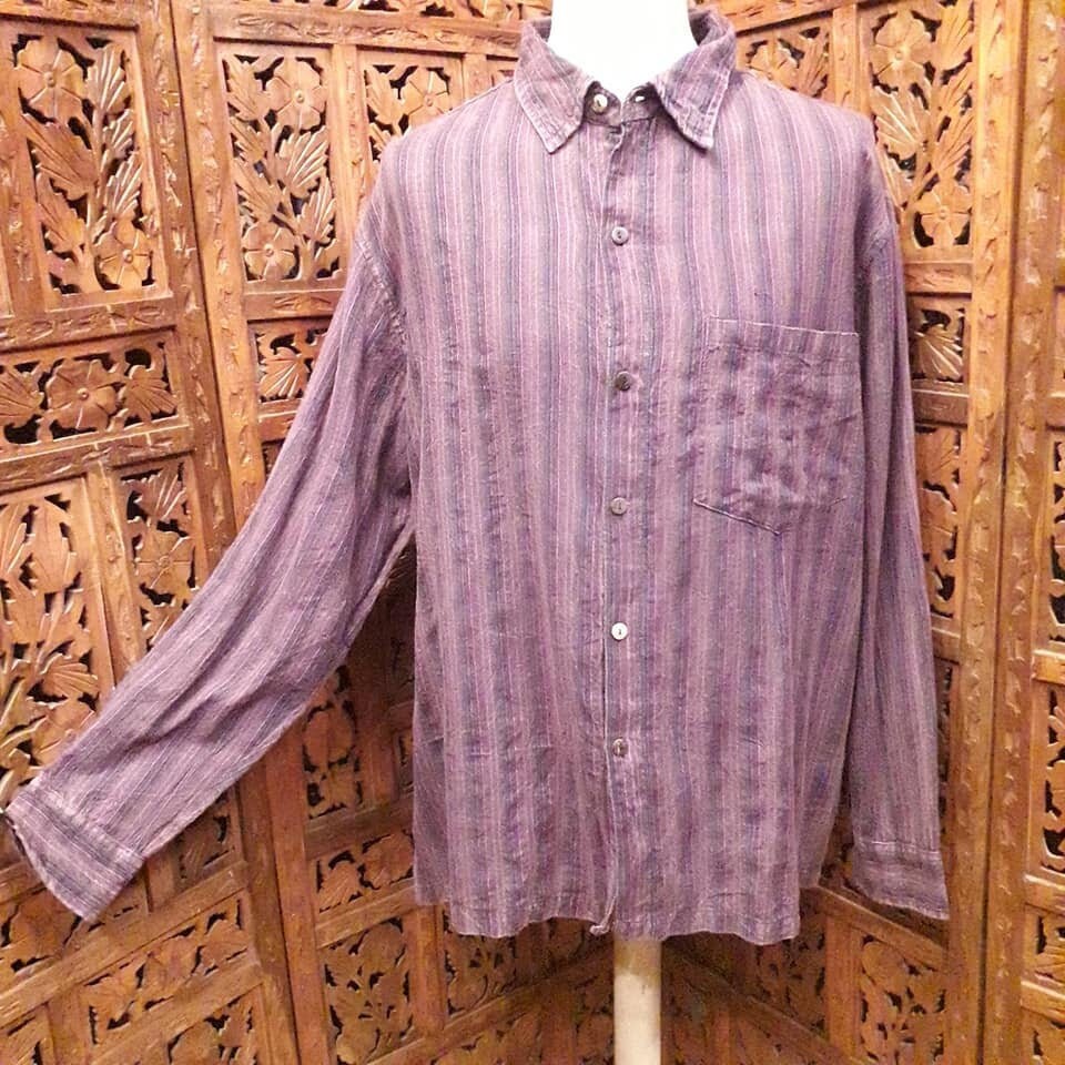 Image of Mens Fully Button Through Classic Nepalese Stripe 100% Cotton Shirt With Collar Hippy Unisex Bohemian Festival Sizes S/M To Xxl Purple