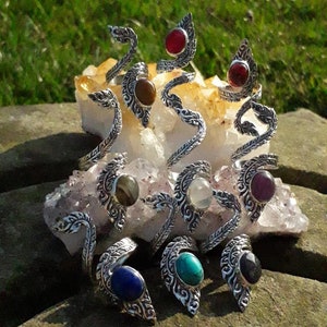 Stunning Long Statement Finger 925 Silver Ring Large Gemstone Phoenix Feather Peacock Ethereal Goddess Pagan Witch Protection Dress Ring