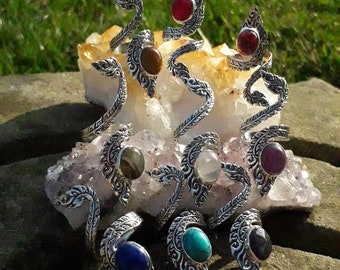 Stunning Long Statement Finger 925 Silver Ring Large Gemstone Phoenix Feather Peacock Ethereal Goddess Pagan Witch Protection Dress Ring