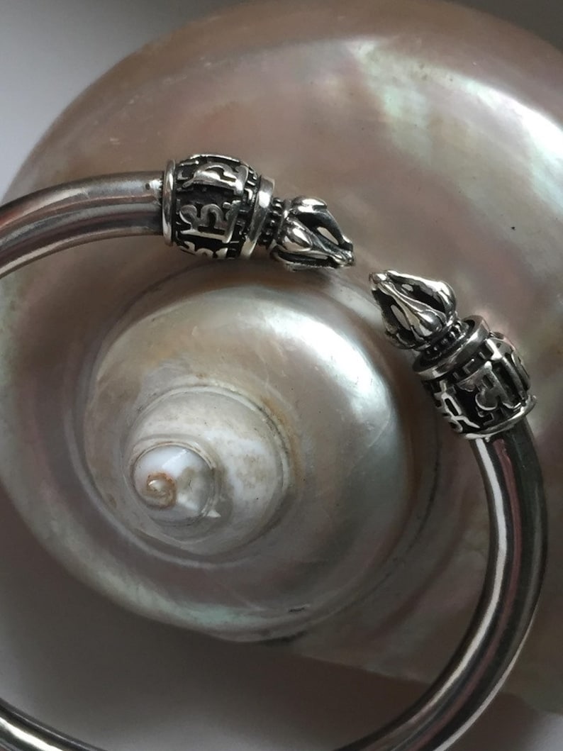 Unisex sterling silver torque cuff bangle in smooth polish finish with stunning temple tip end caps tribal bohemian health love /& abundance