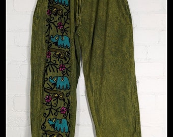 Elephant Embroidery Trousers Ethical Cotton Stonewash Straight Leg drawstring Unisex Khaki Green Hippy Clothing Adjustable One Size UK 8 -18