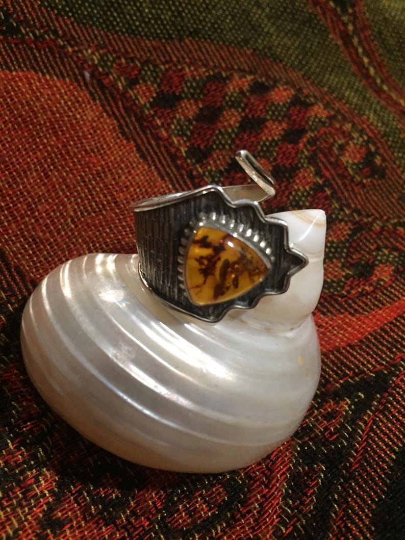Amber and silver wrap around adjustable finger or thumb ring good luck health fertility and potency amplifier hippy bohemian unisex new age