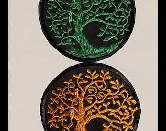 Quality 8cm embroidered fabric sew on patch Green or Gold beautiful Tree of Life Design for clothing customising Celtic Hippy Biker Leather