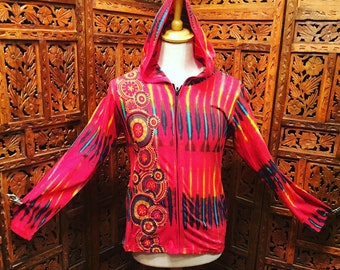 Rainbow bright tie dye unisex hoody zip top jacket with pixie hood in vibrant red, purple or blue sizes s/m-m/l- xl hippy rave new age boho