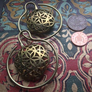 Sacred geometry life pattern gong disc Ear Weights (PAIR) - Brass - Large Geometric pattern statement bohemian tribal