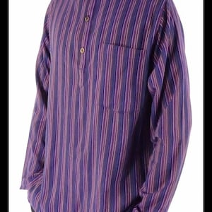Amethyst Purple classic 70s Hippie stripe 100% cotton collarless Grandad shirt hippy unisex bohemian festival sizes Small to XX Large tribal