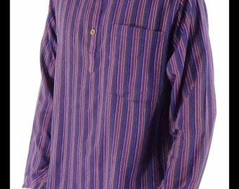 Amethyst Purple classic 70s Hippie stripe 100% cotton collarless Grandad shirt hippy unisex bohemian festival sizes Small to XX Large tribal