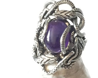 Stunning large statement amethyst 925 Sterling Silver snakes serpent ring sizes O,  1/2, H 1/2 P magical rebirth immortality transformation