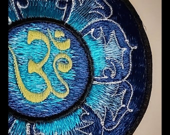 Om mantra meditation chant yoga 12cm fabric embroidered sew on patch blue talisman hippy biker jacket haberdashery upcycle clothing hat bag