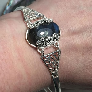 Unisex sterling silver Filigree strap bangle set with luscious labradorite to wrap around the wearers wrist watch style strength intuition