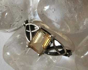 Citrine & Zirconia Sterling silver Celtic knot fine band finger ring thumb rings UK size N1/2 or S goth tribal Viking hippy handfasting