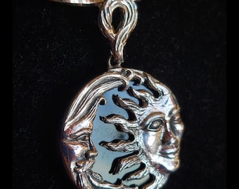 925 Silver Pendant Pagan Unsual Unique Setting Polished Black Obsidian with Celestial Man in the Moon & Hippy Sun design in Sterling Silver