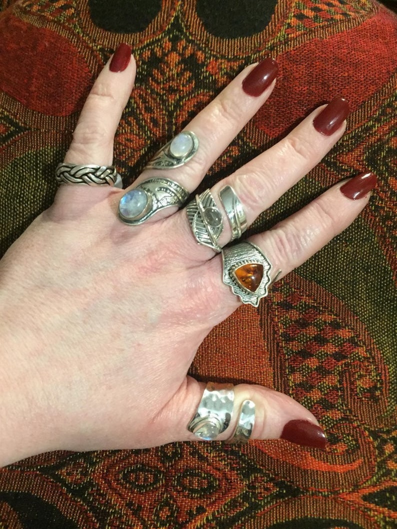 Amber and silver wrap around adjustable finger or thumb ring good luck health fertility and potency amplifier hippy bohemian unisex new age