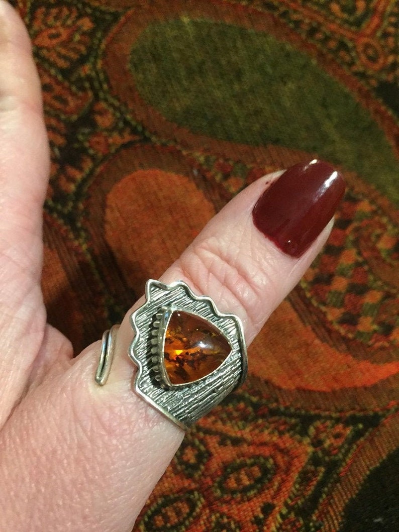Amber and silver wrap around adjustable finger or thumb ring good luck health fertility and potency amplifier hippy bohemian unisex new age