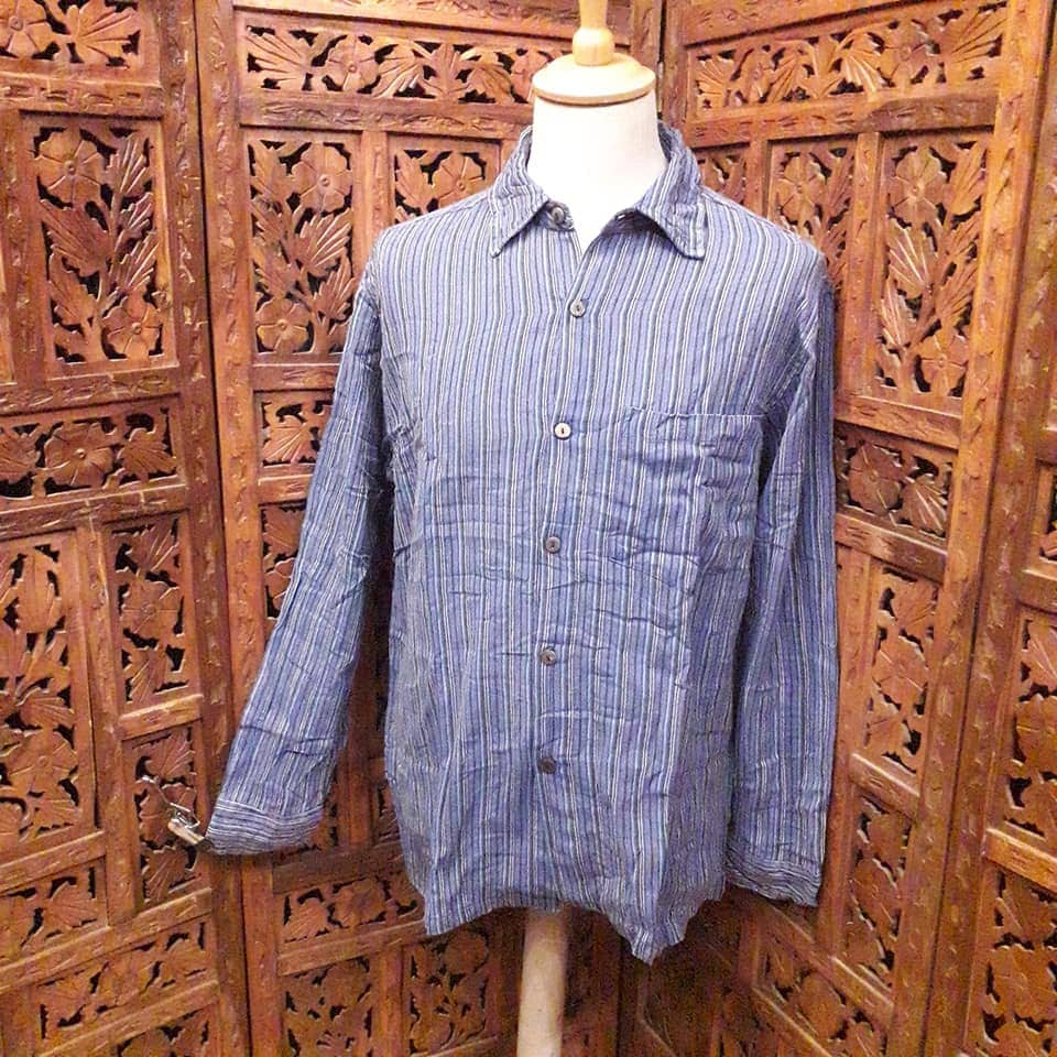 Image of Mens Fully Button Through Classic Nepalese Stripe 100% Cotton Shirt With Collar Hippy Unisex Bohemian Festival Sizes S/M To Xxl Blue Stripe