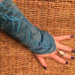 Sea Blue Octopus tentacle spiral curls bell point velvet pixie arm wrist warmer fingerless gloves bohemian hippy gothic punk alternative image 7