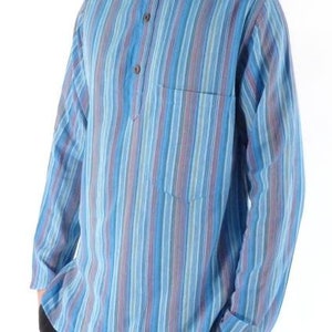 Bright sky Blue classic Pirate stripe 100% cotton collarless Grandad shirt hippy unisex bohemian festival  sizes Small to XX Large tribal