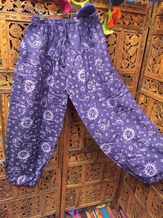 Amethyst purple Sun Moon Celestial batik 100% organic cotton traditional men fit drawstring trousers Unisex bohemian retro hippy alternative