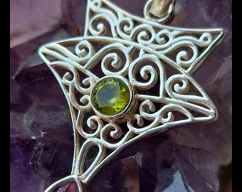 Fairy Magical Angel Star 925 Silver Filigree Statement Pendant Twinkling Purple Amethyst & Green Peridot February August Crystal Gemstone