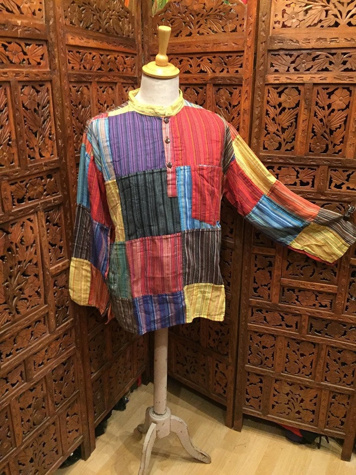 Image of Bright Rainbow Lightweight Patchwork Nepalese Classic Three Button Collarless Grandad Shirt Kurta Unisex Hippy Festival Boho Sizes S - Xxl