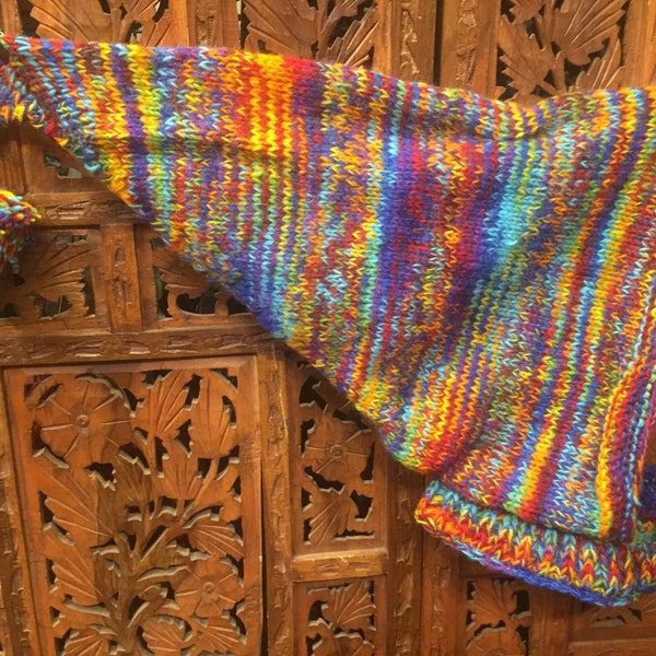 Rainbow pride love chunky knit fully lined cozy polar fleece wee willy winky style pixie snood hood hat any size any gender hippy winter