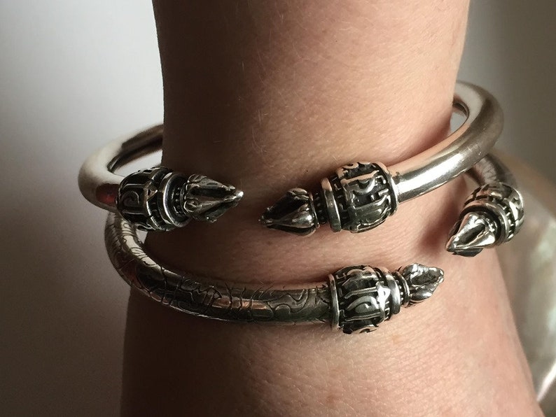 Unisex sterling silver torque cuff bangle in smooth polish finish with stunning temple tip end caps tribal bohemian health love /& abundance