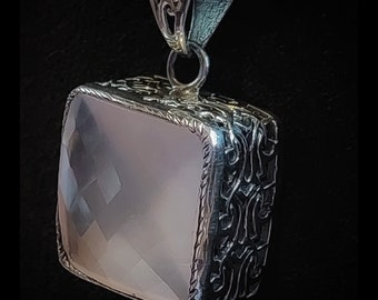 Huge Twinkling Rose Quartz Square Pendant 925 Sterling Silver Ornate design unique piece Self Love Healing Heart Chakra Token of Affection