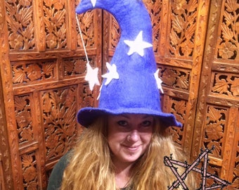 Cappello da mago della luna in feltro stile hippie e psichedelico, fatto a mano/equosolidale, unisex, fantastico copricapo a stella funky per Halloween, cappello da strega boho per feste divertenti