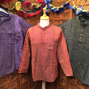 Meditation Henna print 100% organic cotton traditional men&#39;s fit grandad shirt Unisex bohemian hippy Black Orange Purple funky S/M M/L XL
