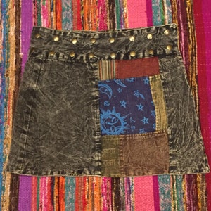 Cotton patchwork popper waist adjustable hippy bohemian dark rainbow mini skirt goth hippy free size tribal belly dance for winter layering