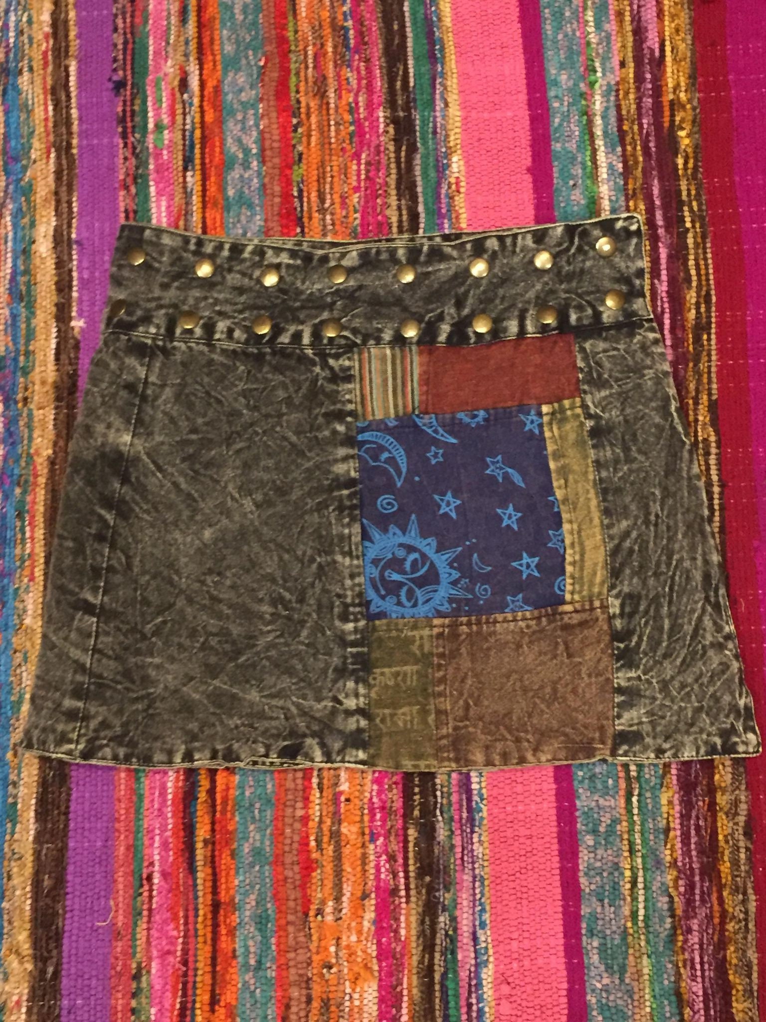 Cotton patchwork popper waist adjustable hippy bohemian dark rainbow mini skirt goth hippy free size tribal belly dance for winter layering