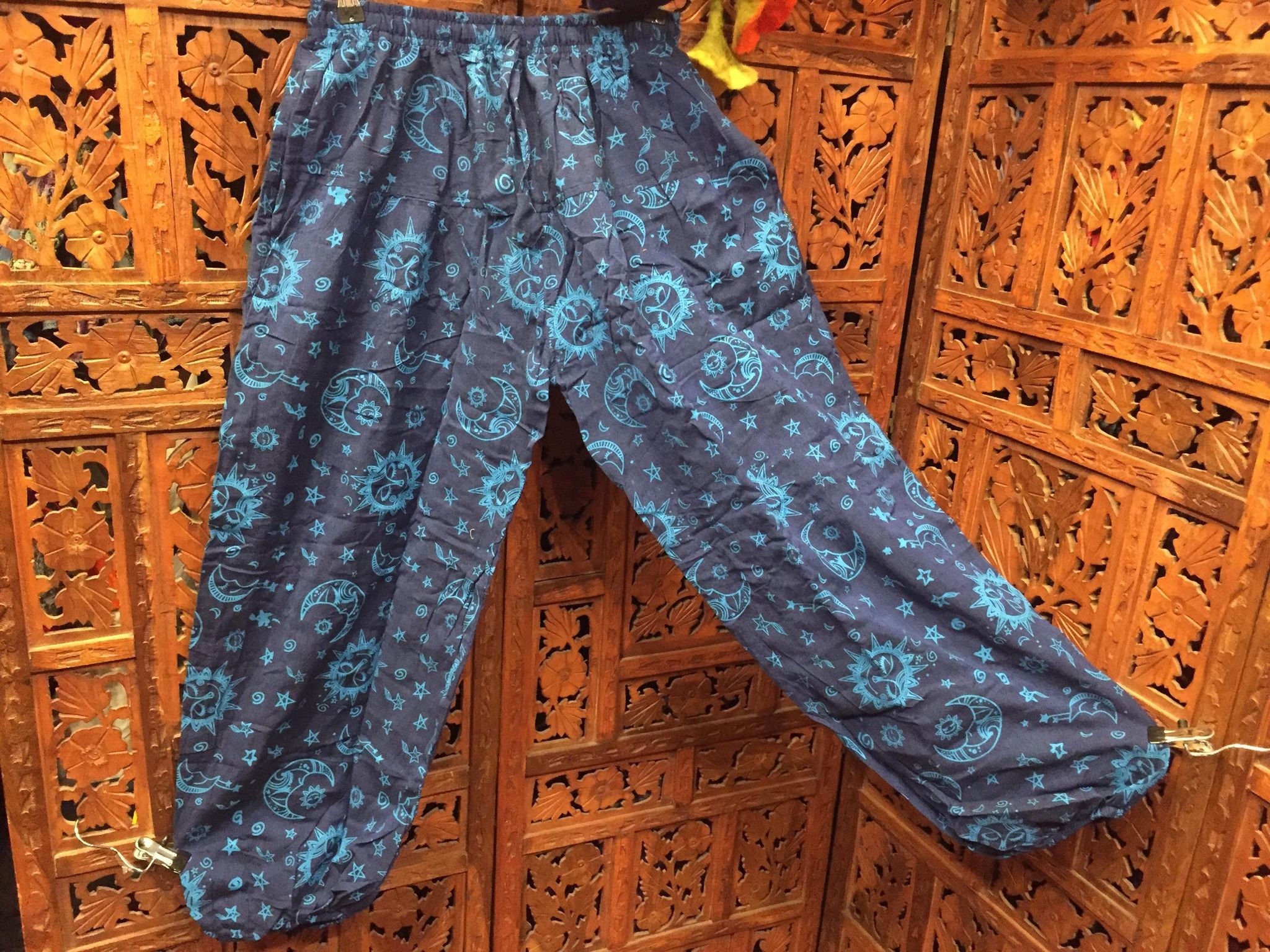 Vibrant blue Sun Moon Celestial batik 100% organic cotton traditional mens  fit drawstring trousers Unisex bohemian retro hippy alternative
