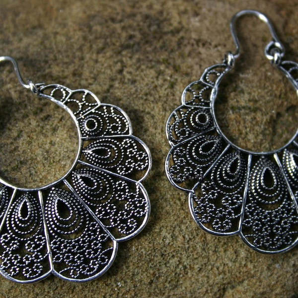 Handmade Silver Plate Brass Tribal Folk Art Bohemian Henna Peacock Eye Gypsy Belly Dance Statement Alternative Fashion Fun Goddess Earrings