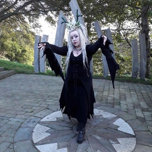 Goddess ritual ragged hooded Ceremony Dress with corset bodice exclusive to Gippys by Gutsy Ginger soft Jersey GothJet Black fit size 8-24