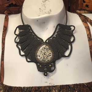 Black Macrame Necklace with Dalmatian Stone Tribal styling unique hand made fair trade design