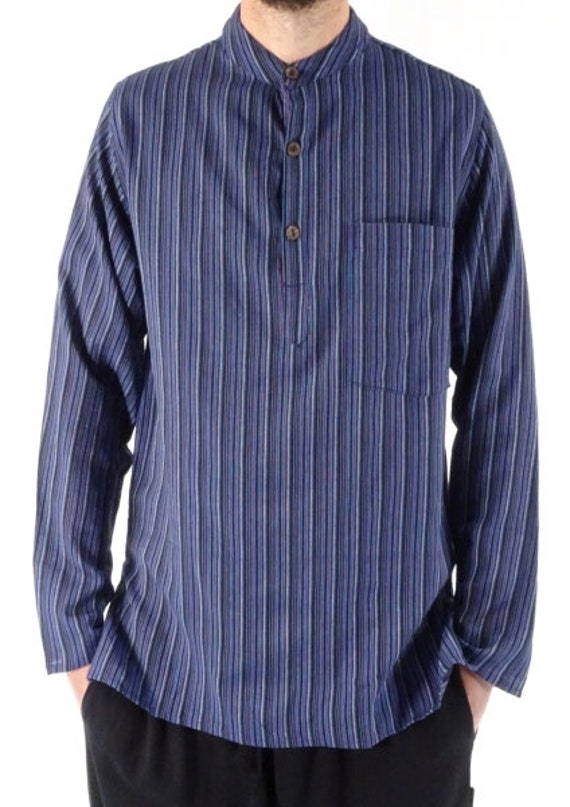 Denim Dark Blue Classic Stripe 100% Cotton Collarless Grandad 