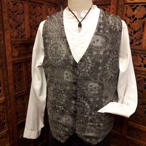 Stonewash Black Celestial Sun Moon Stars Fabric Patchwork Tie Dye Unisex Waistcoat Vest Suit Ceremonial Festival Ethnic Hippie Hippy Clothes