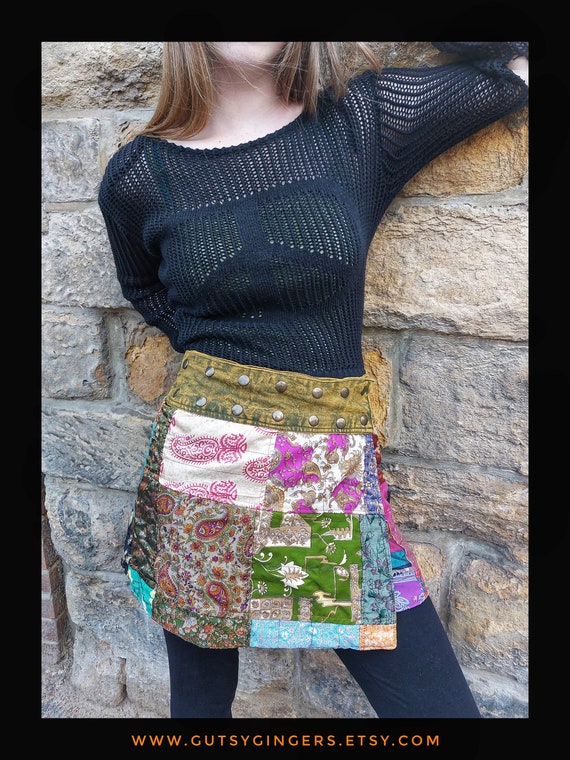 Stunning Silk Rainbow Paisley Patchwork Hippy Boho Mini Skirt Free Size With Popper Adjustable Purple or Green Waist Bands Festival Summer Etsy Canada