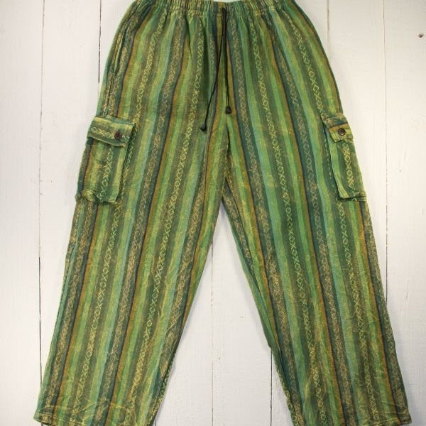 Cozy heavy winter weight unisex mens vibrant green nepalese heavy weave striped combat warm thick trousers hippy bohemian Sizes M / L / XL