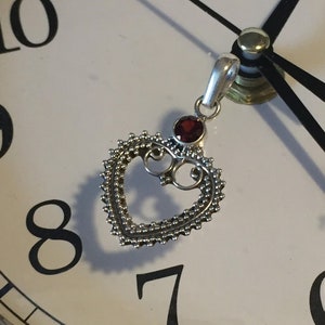Deep Red Garnet natural gem delicate vintage look filigree 925 sterling silver pendant gothic Victorian Valentine January Birthday Promise