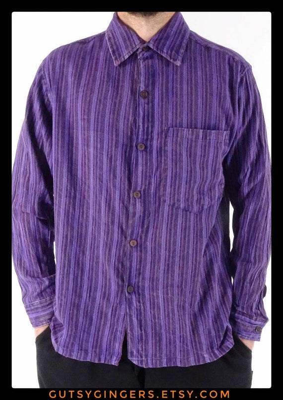Unisex Hippie full button through classic striped new age 100% cotton collar shirt vegan-friendly ethical wear festival size S to XXL Purple