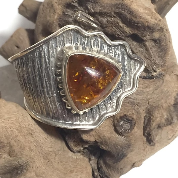 Amber and silver wrap around adjustable finger or thumb ring good luck health fertility and potency amplifier hippy bohemian unisex new age
