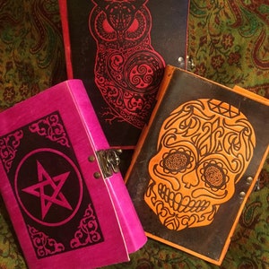 Handmade Recycled Paper Leather bound Journal Diary latch lock Pentagram, Owl, Gothic Skull Book of Shadows Witch Spell book Art Sketchbook