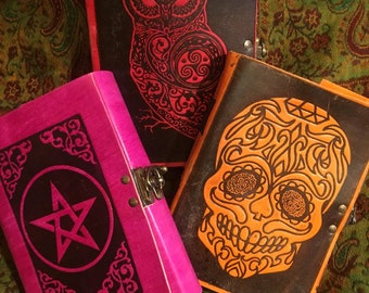 Handmade Recycled Paper Leather bound Journal Diary latch lock Pentagram, Owl, Gothic Skull Book of Shadows Witch Spell book Art Sketchbook