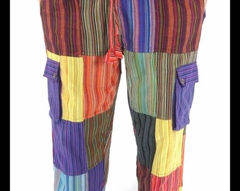 Rainbow Pride lightweight patchwork ethical cotton combat style pocket leg draw string waist trousers unisex pants festival sizes S Plus XXL