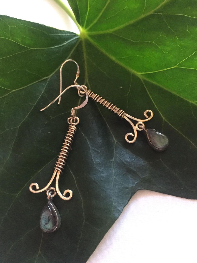 925 Sterling Silver wire wrapped dropper earrings set with magical labradorite stones for spiritual connection and meditation growth boho