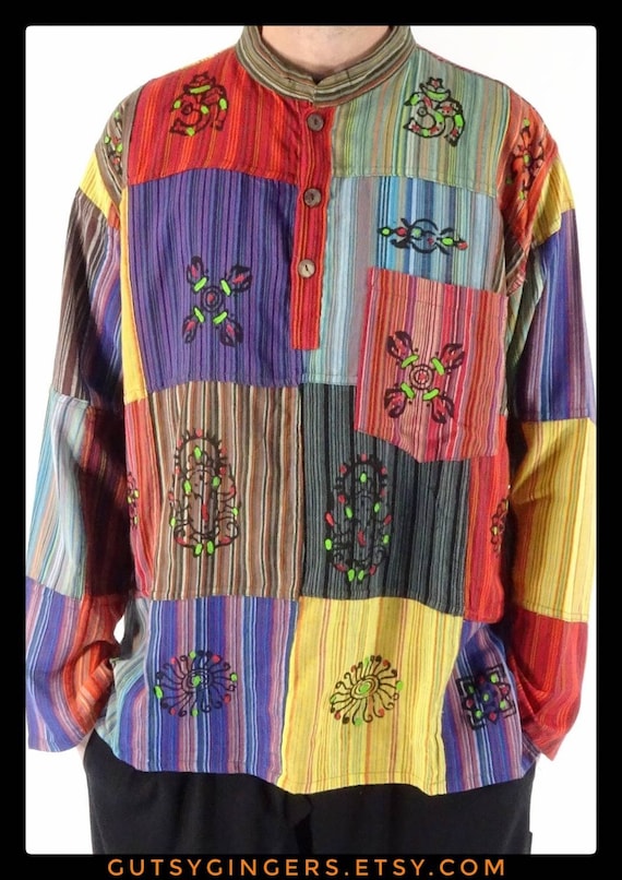 Patchwork Pinstripe Shirt Rainbow Hippy Hippie 70's Festival