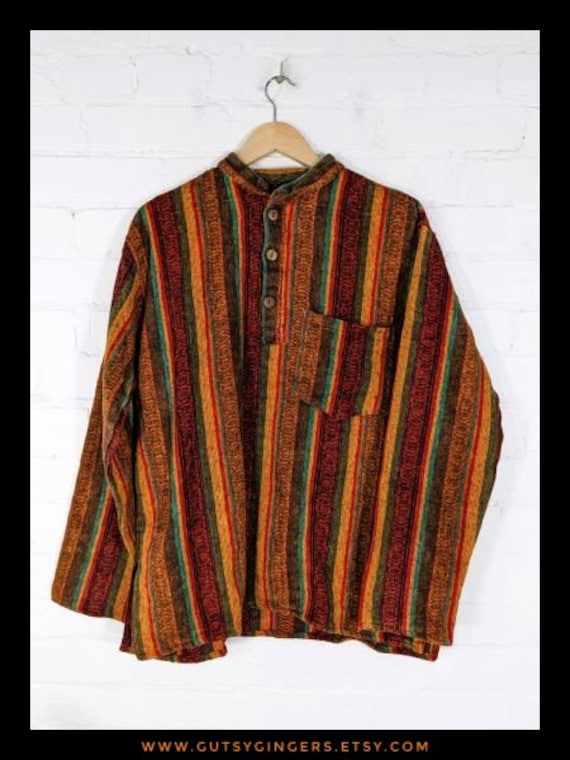 Men Hippie Shirt Collarless Plain Cotton LongSleeve button boho